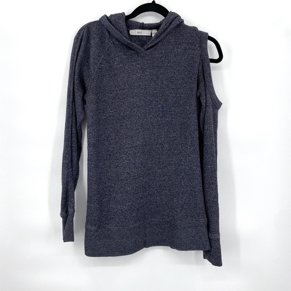 WILT Gray One Cold Shoulder Long Sleeve Hooded Waffle Knit Sweater Size Small - Picture 2 of 6